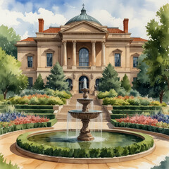Naklejka premium A stunning watercolor illustration of the Philbrook Museum of Art in Tulsa, Oklahoma. Capture the elegant Italian Renaissance-style mansion and its beautifully manicured gardens. 