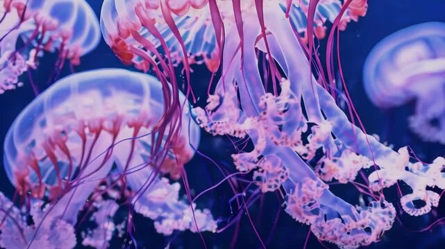 Vibrant close-up of pink and blue jellyfish floating in deep blue water environment