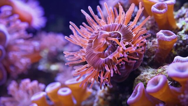 Close up of purple and orange coral in aquarium