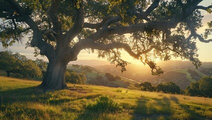 A large oak tree stands in the center of an open field,