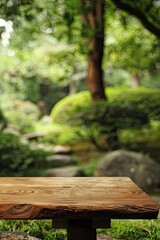 Fototapeta premium A wooden table standing out on a serene zen garden background