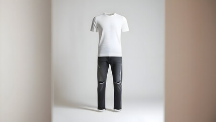 A modern, minimalist outfit with a simple, white t-shirt and distressed denim jeans