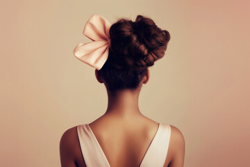 Obraz premium An african american young woman wearing a bridal romantic dress and a bow in her hair, view from the back with a beige studio background