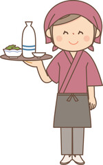 日本酒を運ぶ和食料理屋の女性全身