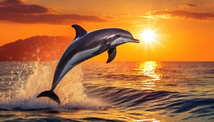 Obraz premium Beautiful dolphin jumping up from the ocean to the Sun at sunset time. Dolphin in orange background