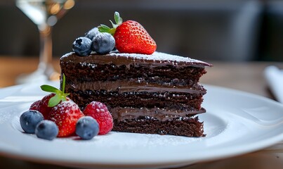 Decadent Chocolate Cake Topped with Fresh Berries and Powdered Sugar