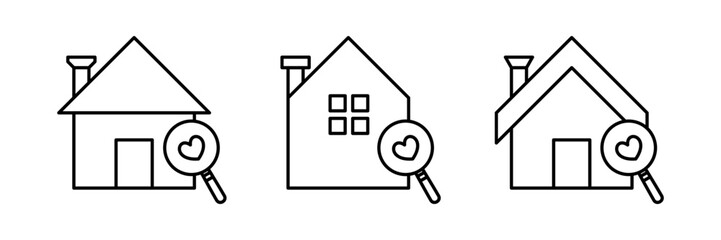 collection of house search symbols with magnifying glass icon. simple line design isolated on white background.