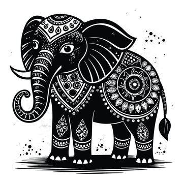 recommend clip art: Ornate Black and White Elephant Illustration