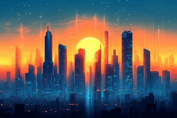 Futuristic cityscape bathed in the vibrant hues of a setting sun. The skyline is dominated by towering skyscrapers with sleek, modern designs, illuminated by the warm orange and yellow glow of the sun