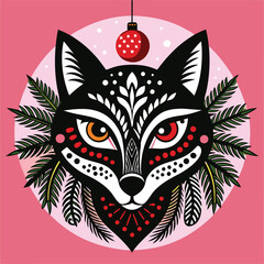 Stylized Black Fox Face with Christmas Ornament and Pine Branches