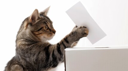 Cat putting ballot into voting box on white background