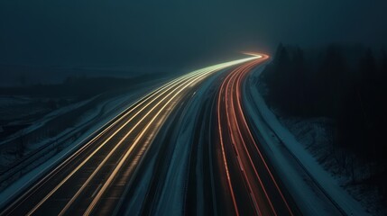 Fototapeta premium Long exposure shot of highway traffic at night with snow on the ground.