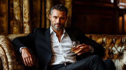 Attractive rich man with glass whiskey on couch in luxury pub.