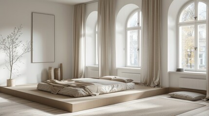 A minimalist bedroom with a low platform bed, neutral color palette, large windows, and a simple yet elegant decor.