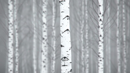 Fototapeta premium Beautiful White Birch Trees Standing Tall in a Misty Forest During Autumn