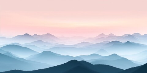 Obraz premium Serene Mountain Dawn: Layers of blue-hued peaks fade into a soft pink sunrise, evoking tranquility and majesty in nature's embrace. 