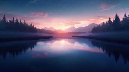 Fototapeta premium Serene sunrise over a tranquil lake with mountain reflections.