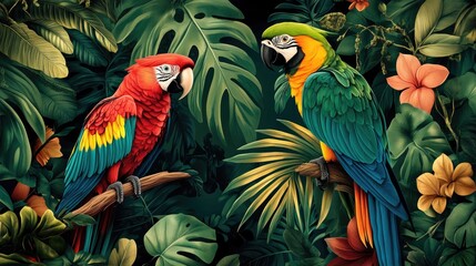 Obraz premium Illustration of a lush tropical rainforest populated by vibrant parrots.