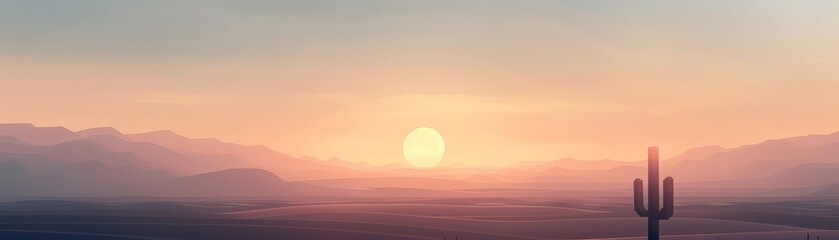 Fototapeta premium Silhouette of a cactus against a hazy sunset in a desert landscape.