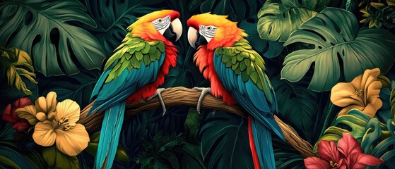 Obraz premium Illustration of a lush tropical rainforest populated by vibrant parrots.