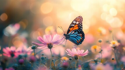Macro close-up of a field of colorful cosmos flowers and butterflies in sunlight, featuring a soft focus and artistic bokeh.