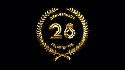 28th Anniversary Celebration. Happy 28 Years Anniversary Animation in Gold Color on the Transparent Background, Alpha Channel. Great for greetings, celebrations, events, and gifts.