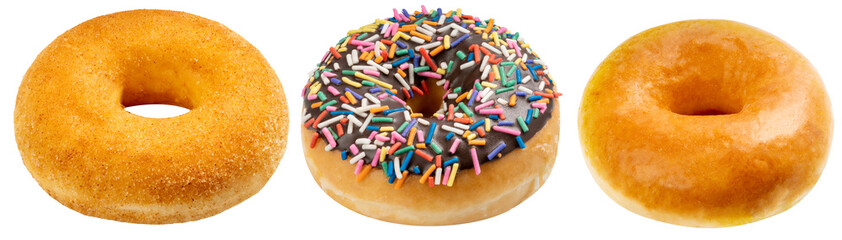 Various donuts,Donuts dough with a colorful sprinkles icingsugar, Chocolate Almond and Cinnamon...