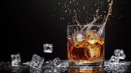 Splashing whiskey with iced cube on black background.
