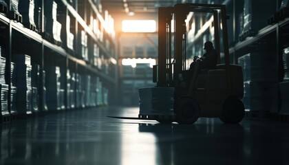 Silhouette of a forklift in a warehouse, with sunlight streaming through the doorway.