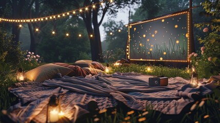 Obraz premium 3D outdoor movie night setup with a projector and blankets