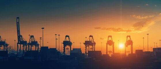 Silhouettes of cranes at a harbor at sunset, conveying industry and transportation.
