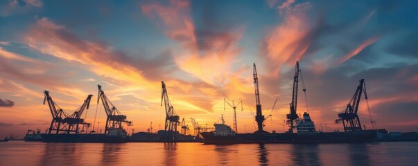 Naklejka premium Silhouetted cranes at a busy port against a fiery sunset sky.