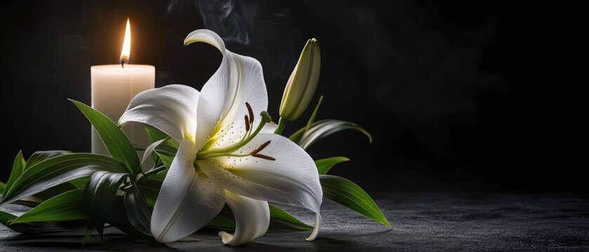 Elegant image of a white lily and a burning candle on a dark background, with space for text, suitable for funeral or memorial themes.