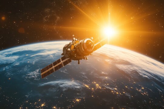 Satellite Orbiting Earth with Rising Sun and Stars in Outer Space