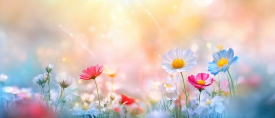 Colorful summer flower meadow with sunbeams and bokeh lights, ideal for nature-themed banners or greeting cards.