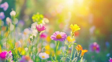 Fototapeta premium Colorful summer flower meadow with sunbeams and bokeh lights, ideal for nature-themed banners or greeting cards.