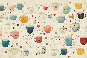 A charming and whimsical pattern featuring a variety of colorful coffee cups with smiling faces.