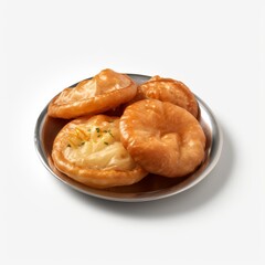 Naklejka premium Golden brown fried hotteok pancakes served on a metal plate against a clean white background, showcasing a savory cheese filling.