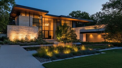 Contemporary house with a beautifully landscaped garden and stylish outdoor lighting.