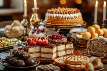 Naklejka premium Festive Dessert Table with Variety of Cakes, Pastries, and Fruits for Celebrations