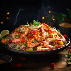 Scrumptious seafood dinner of grilled shrimp with pineapple and red onion salsa
