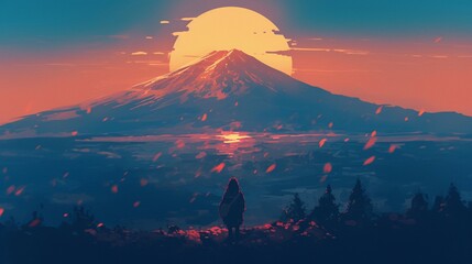 富士山のシルエットと夕日1