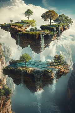 Fantasy floating islands with waterfalls and lush greenery.