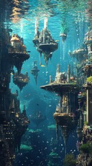 A fantasy floating city above a vibrant underwater world.