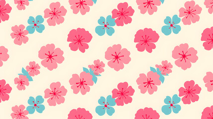 This exquisite seamless pattern showcases pink and blue flowers on a light background, perfect for fabric and wallpaper design, adding elegance and vibrancy to any creative project