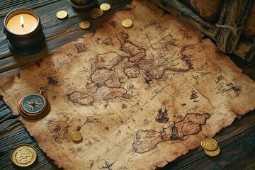 Alte Schatzkarte mit Münzen und Kompass