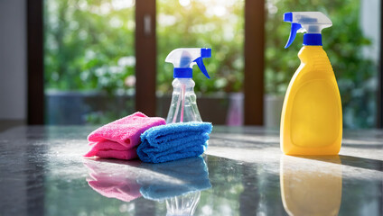Two neatly folded towels, one pink and one blue, beside spray bottles on a shiny marble countertop, with a blurred garden view through the window.