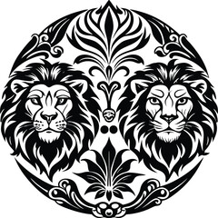 Obraz premium Black and White Lion Heads in Ornamental Circle Design