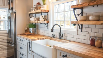 A suburban kitchen with a farmhouse sink, butcher block countertops, and open shelving.