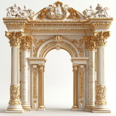 classical portico with golden architectural details isolated on a white background